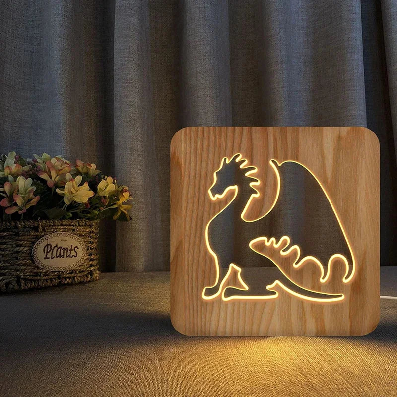 Luminária Infantil Mesa Led 3d Animais Madeira Lenogue Dragão