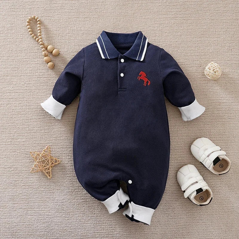 Macacão Infantil Algodão Cavalo Bordado Lenogue Azul Marinho / 0-3 Meses