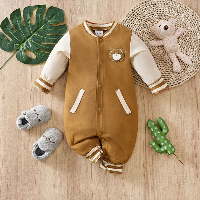 Macacão Infantil Algodão Estampa Ursinho Baseball Lenogue Marrom / 0-3 Meses