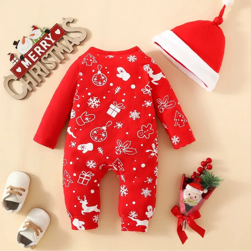 Macacão Infantil Algodão Manga Longa Primeiro Natal com Gorro Lenogue