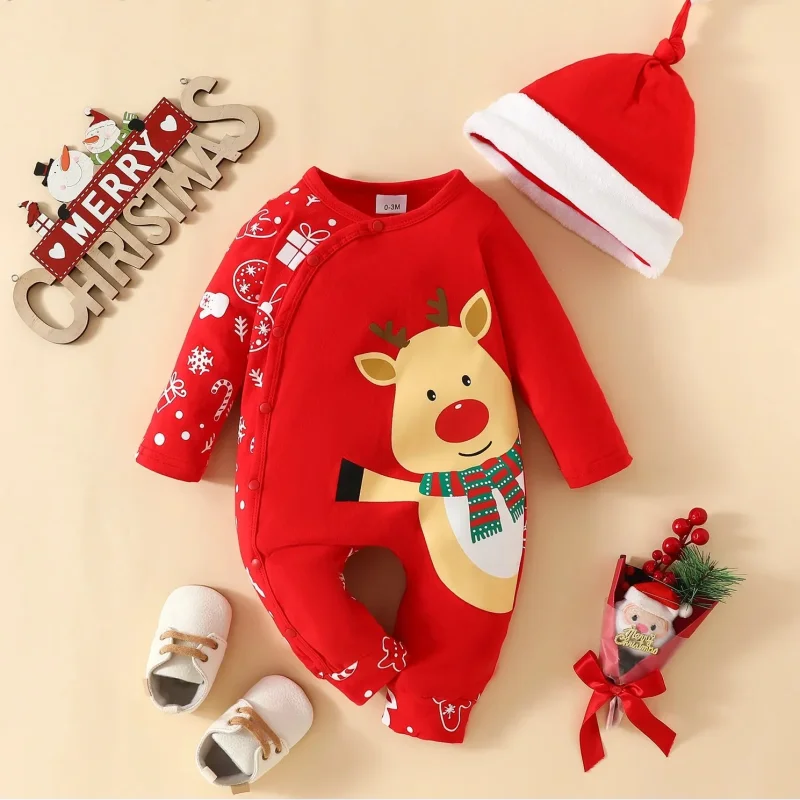 Macacão Infantil Algodão Manga Longa Primeiro Natal com Gorro Lenogue