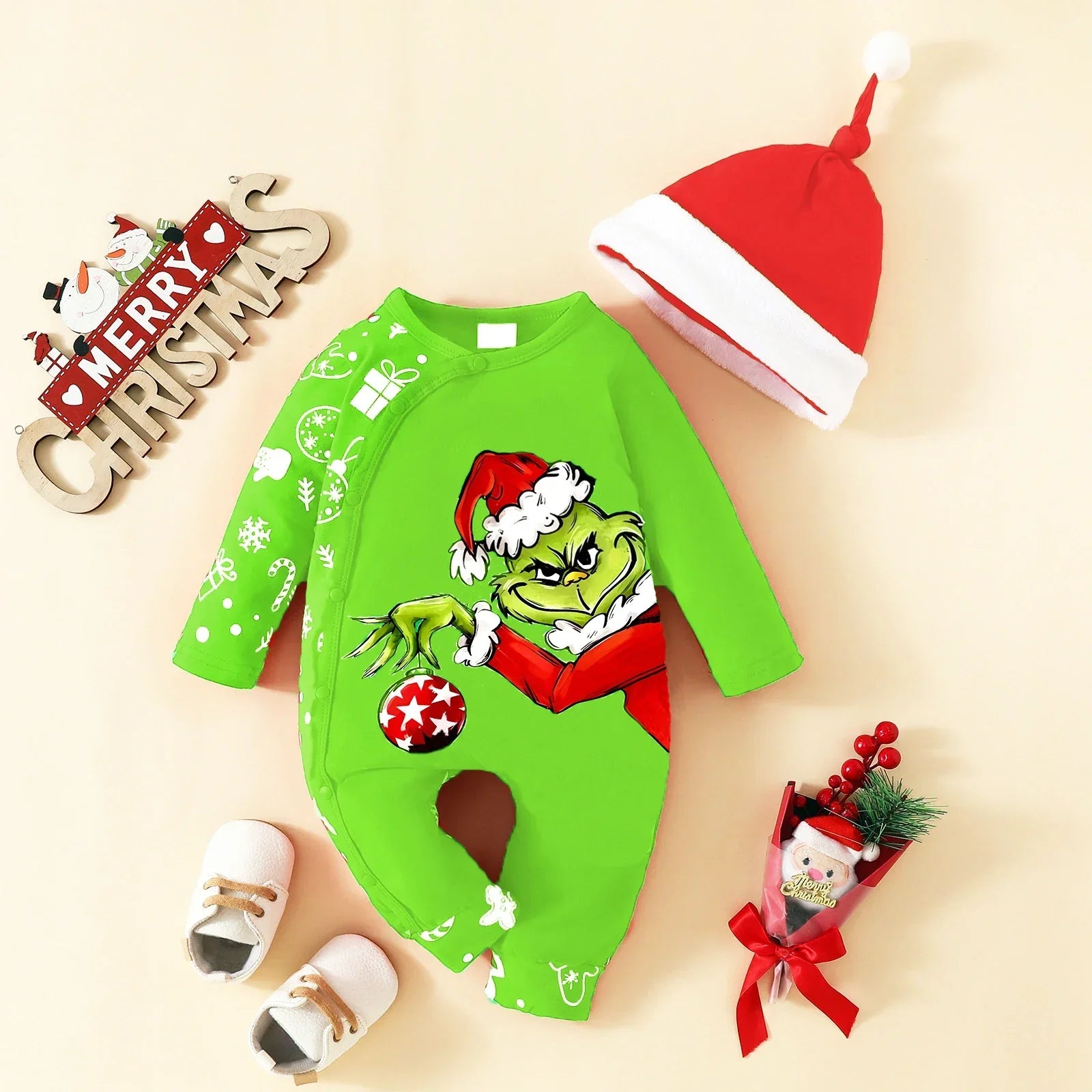 Macacão Infantil Algodão Manga Longa Primeiro Natal com Gorro Lenogue Verde / 0-3 Meses