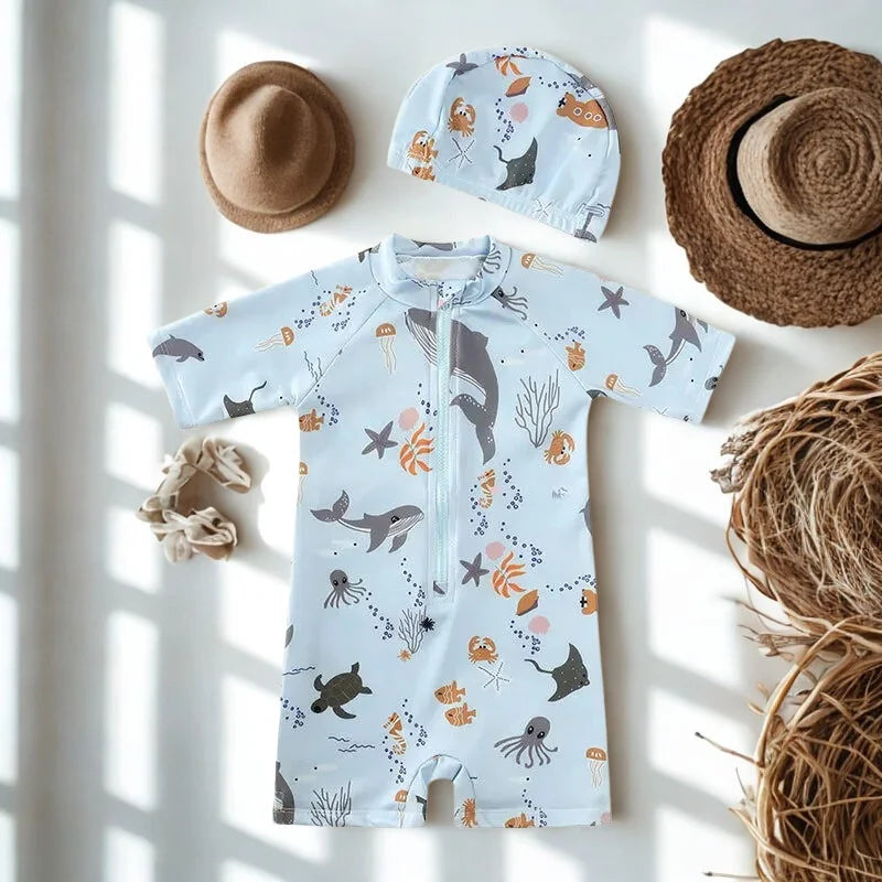 Macacão Infantil Colorido para Banho Lenogue Azul / 6-12 Meses