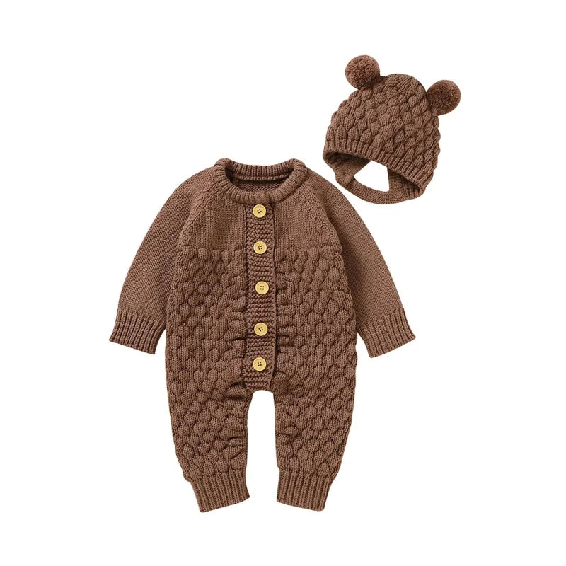 Macacão Infantil com Touca Tricot Baby Lenogue Marrom / 0-3 Meses