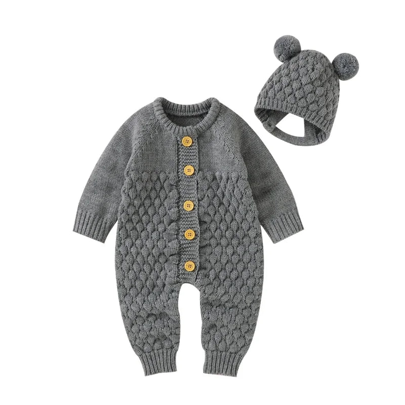 Macacão Infantil com Touca Tricot Baby Lenogue Cinza / 0-3 Meses