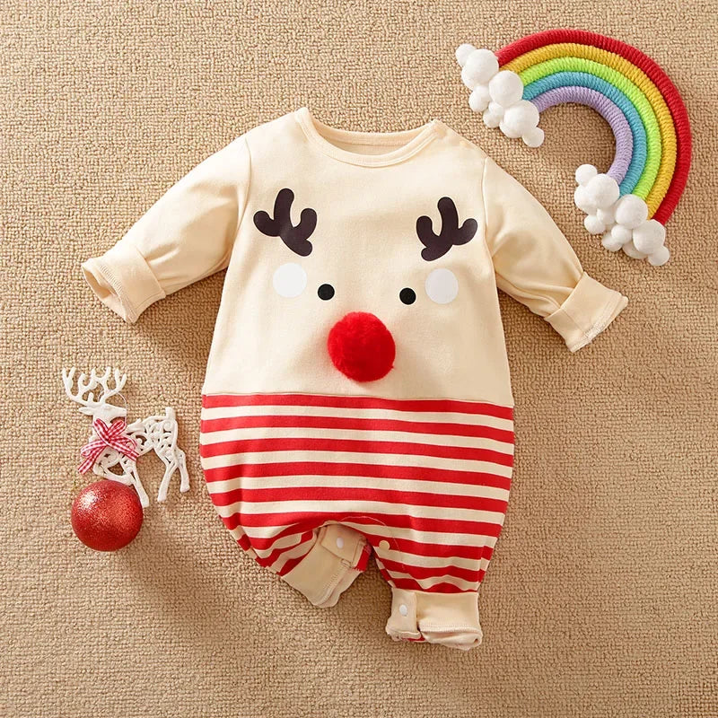 Macacão Infantil de Algodão Manga Longa Natal Modelo Rena Lenogue Bege / 0-3 Meses