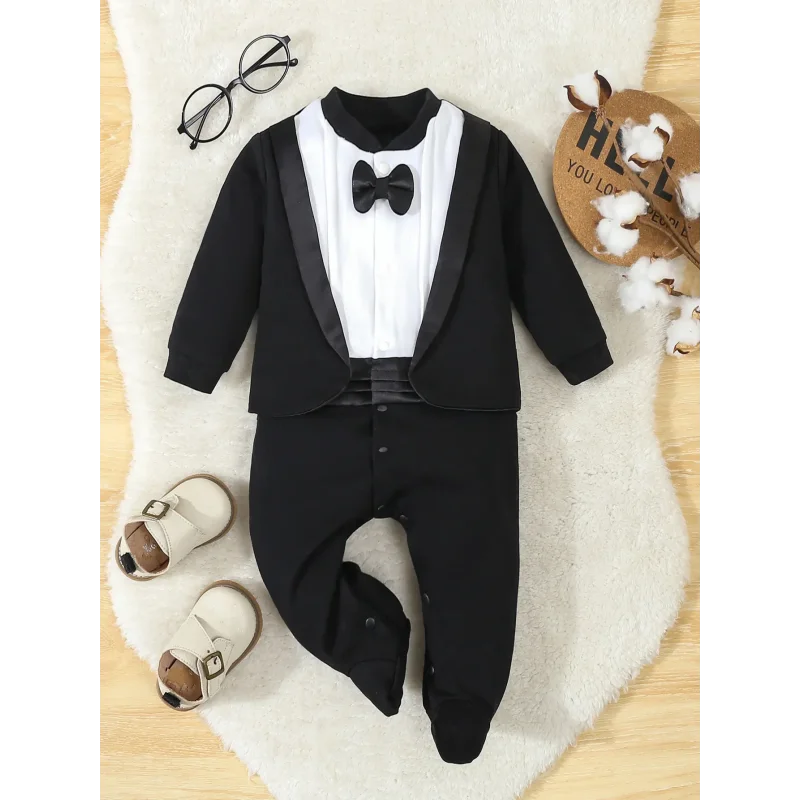 Macacão Infantil Gentleman Algodão com Pé para Outono Lenogue Preto / 0-3 Meses