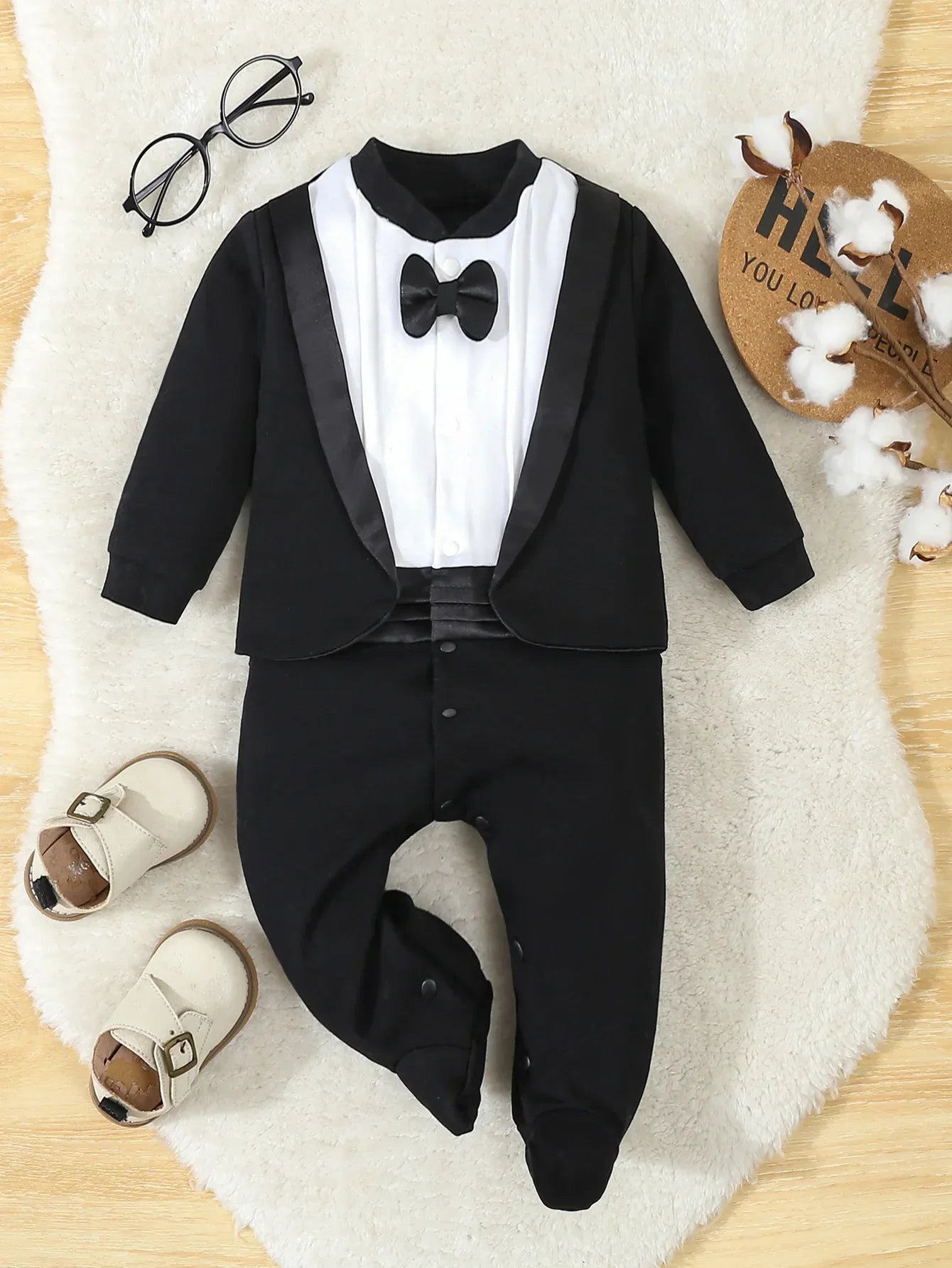Macacão Infantil Gentleman Algodão com Pé para Outono Lenogue Preto / 0-3 Meses