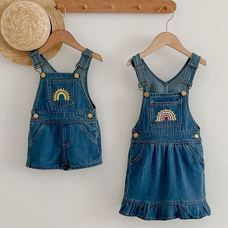 Macacão Infantil Jardineira Jeans Rainbow Azul Lenogue