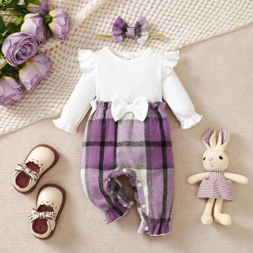 Macacão Infantil Manga Longa Xadrez Tiara Douceur Lenogue Roxo / 0-3 Meses
