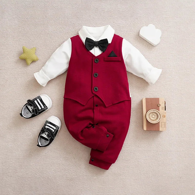 Macacão Infantil Masculino Gentleman Laço Gravata Manga Longa Lenogue Vermelho / 0-3 Meses