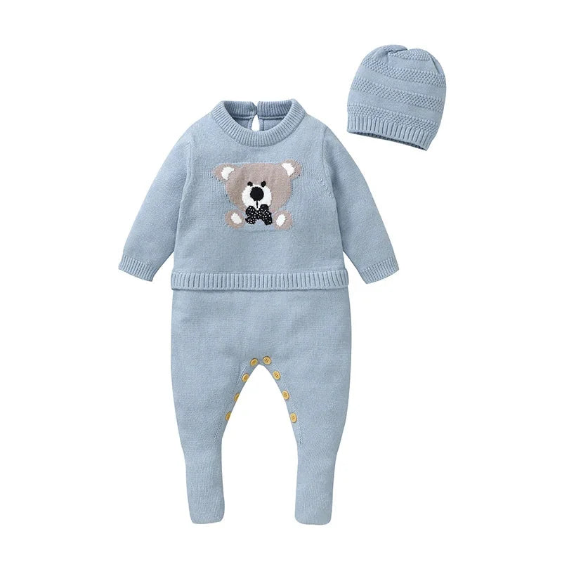 Macacão Infantil Tricot com Gorro e Pé Fechado Azul Lenogue