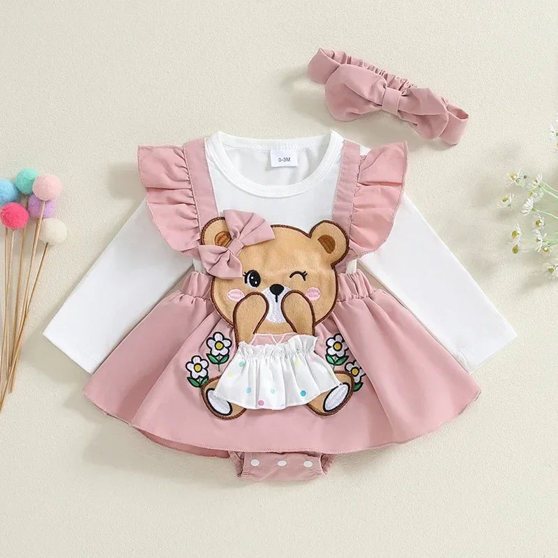 Macacão Infantil Urso Bordado para Outono Inverno Lenogue