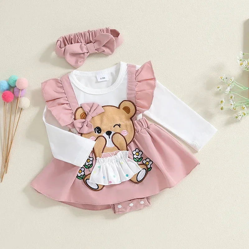 Macacão Infantil Urso Bordado para Outono Inverno Lenogue Rosa / 0-3 Meses