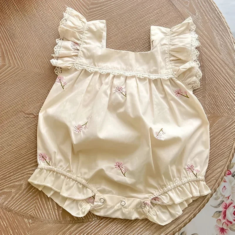 Macacão Romper Infantil Carolina Floral Lenogue Bege / 0-3 Meses