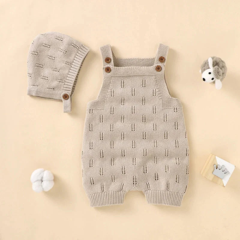 Macacão Romper Infantil Tricot com Gorro Bege Lenogue