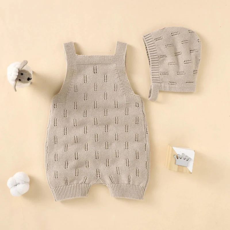 Macacão Romper Infantil Tricot com Gorro Bege Lenogue
