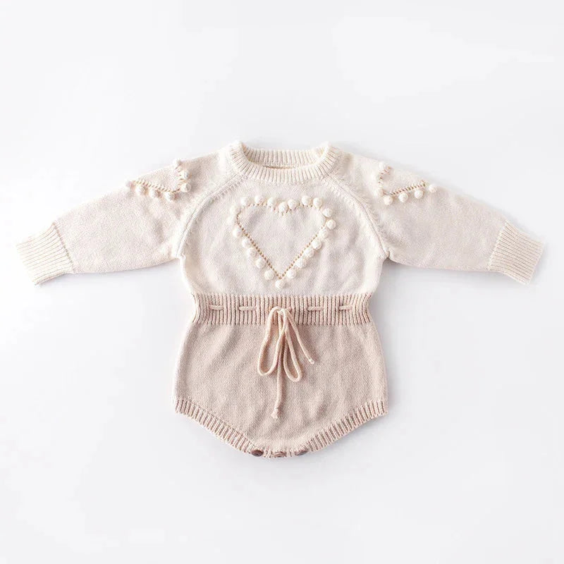 Macacão Romper Infantil Tricot Coração Rosa Lenogue
