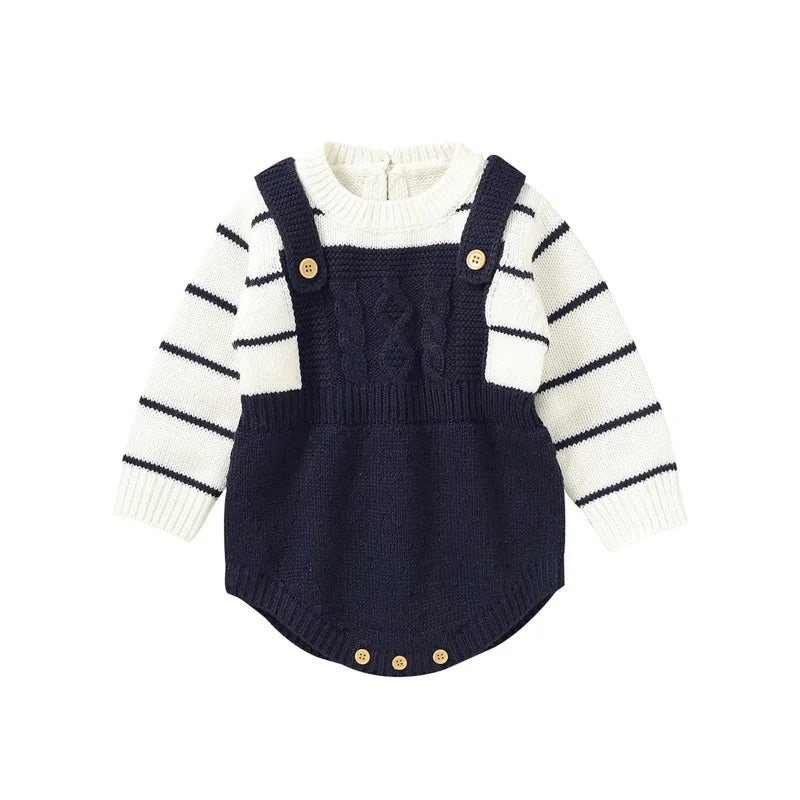 Macacão Romper Infantil Tricot Listrado Lenogue Azul Marinho / 0-3 Meses