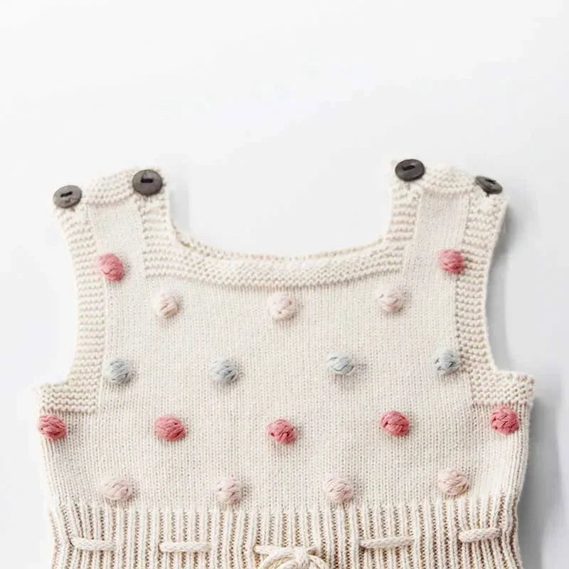 Macacão Romper Infantil Tricot Pompom Bege Lenogue