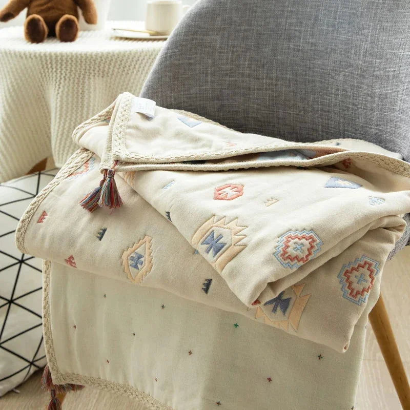 Manta Infantil Gaze Algodão 6 Camadas Jacquard Lenogue Borla Indiana / 90x110cm