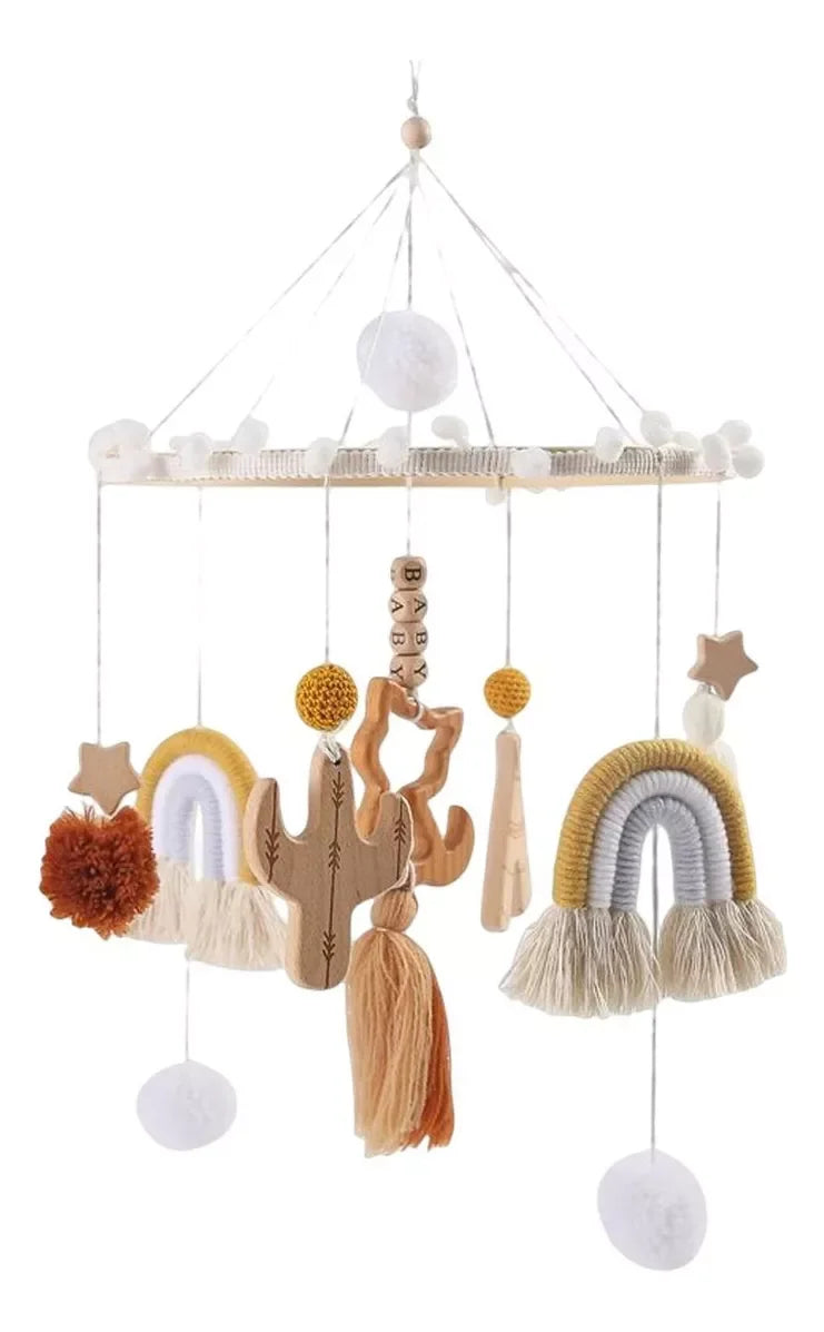 Mobile Infantil para Berço com Chocalhos Bege Lenogue Macramé