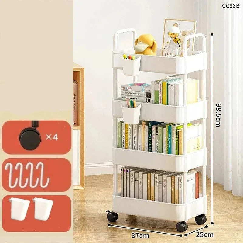 Organizador Infantil com Rodas para Livros e Brinquedos Lenogue Branco - 4 Camadas Cesto