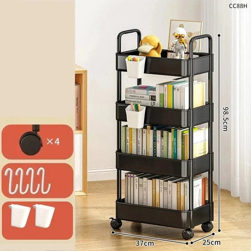 Organizador Infantil com Rodas para Livros e Brinquedos Lenogue Preto - 4 Camadas Cesto