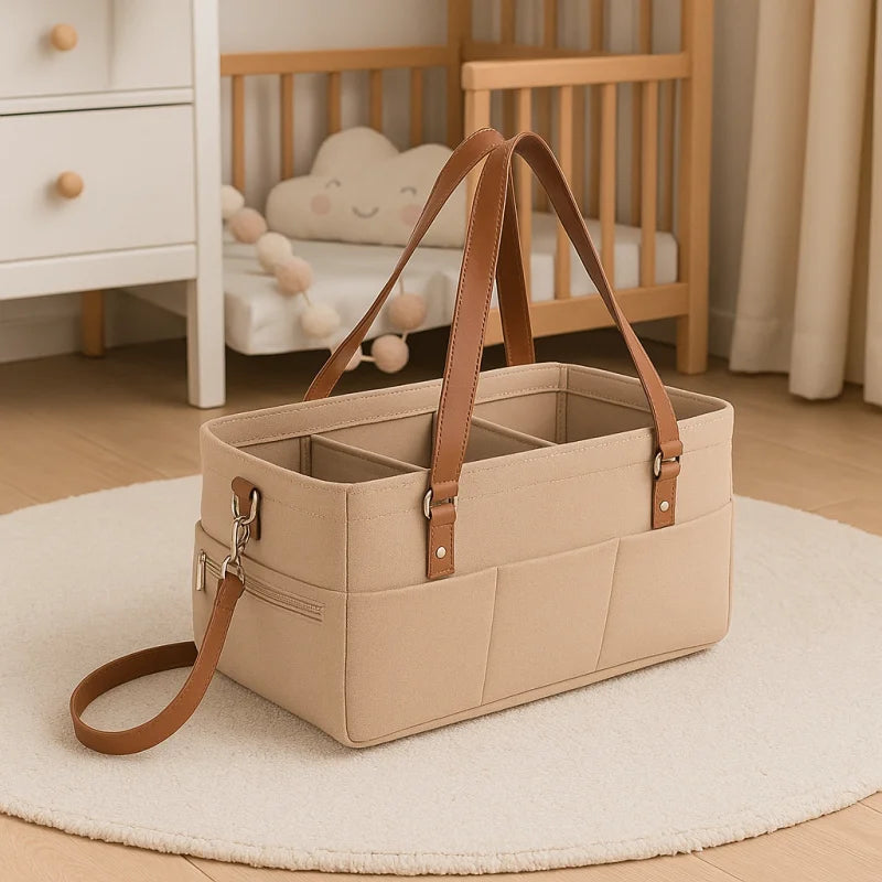 Organizador Infantil de Feltro para Fraldas com Bolsos e Alça Lenogue Marrom