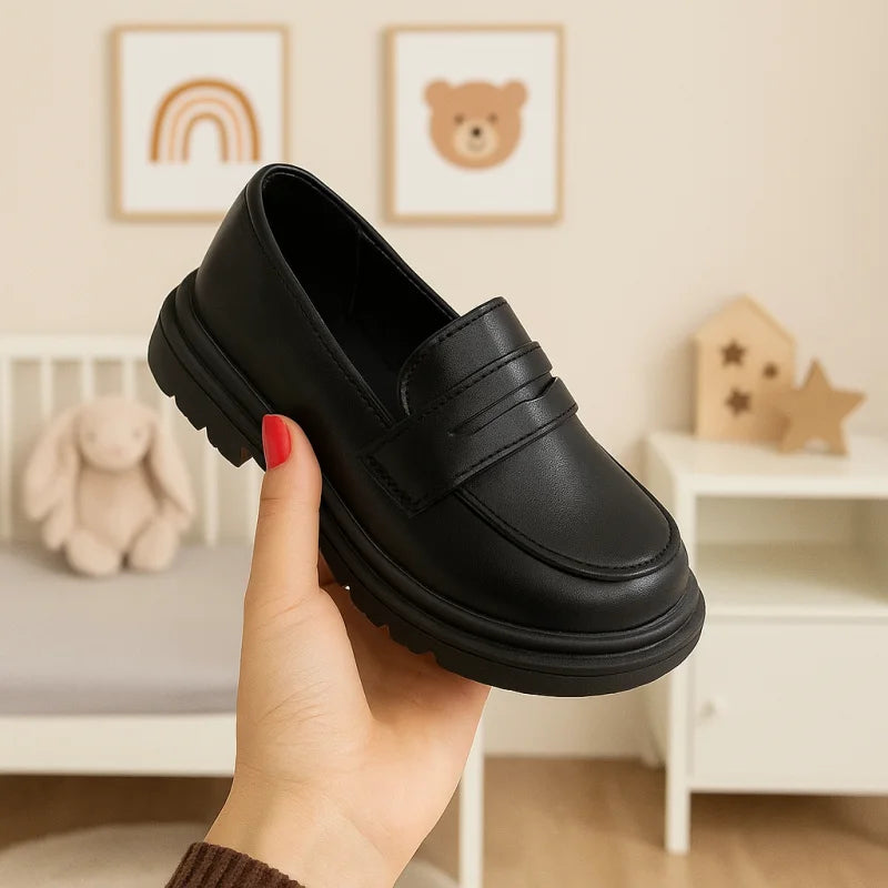 Sapato Infantil de Couro Preto com Bico Redondo Casual Lenogue / 21-22