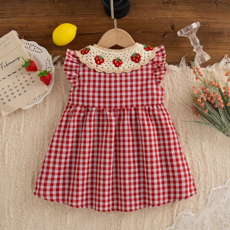 Vestido Infantil Algodão Xadrez Vermelho Morango Lenogue