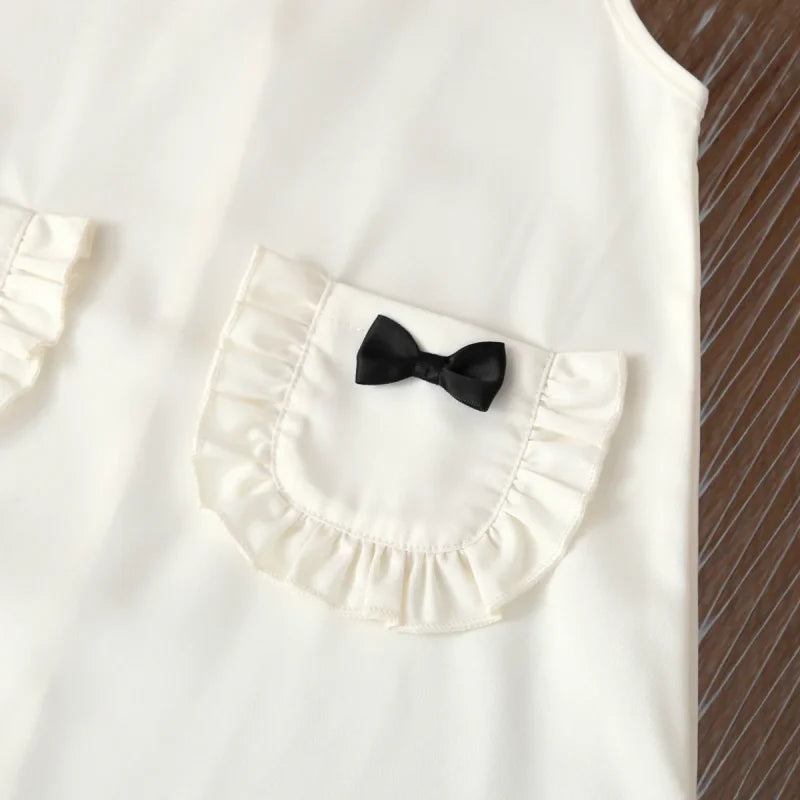 Vestido Infantil com Gola Boneca Laço e Bolsos sem Manga Lenogue