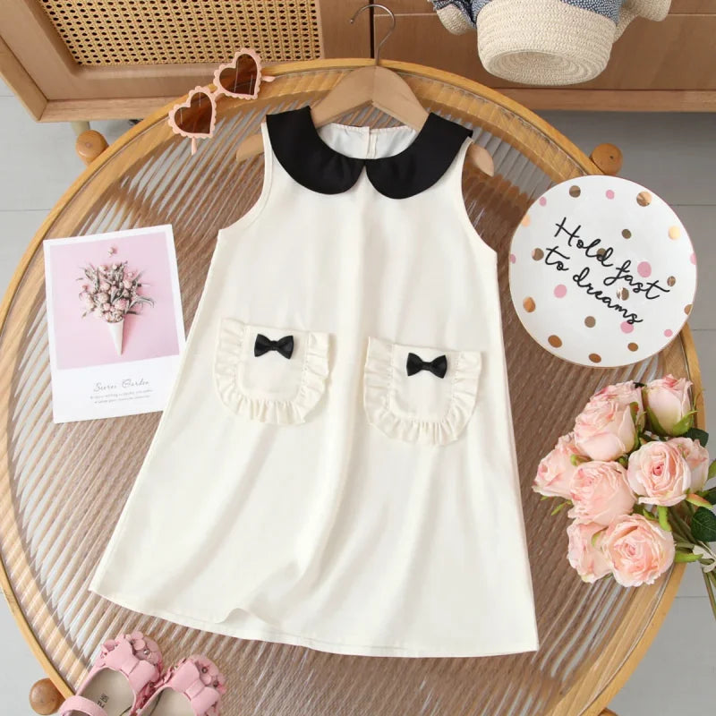 Vestido Infantil com Gola Boneca Laço e Bolsos sem Manga Lenogue Bege / 18-24 Meses