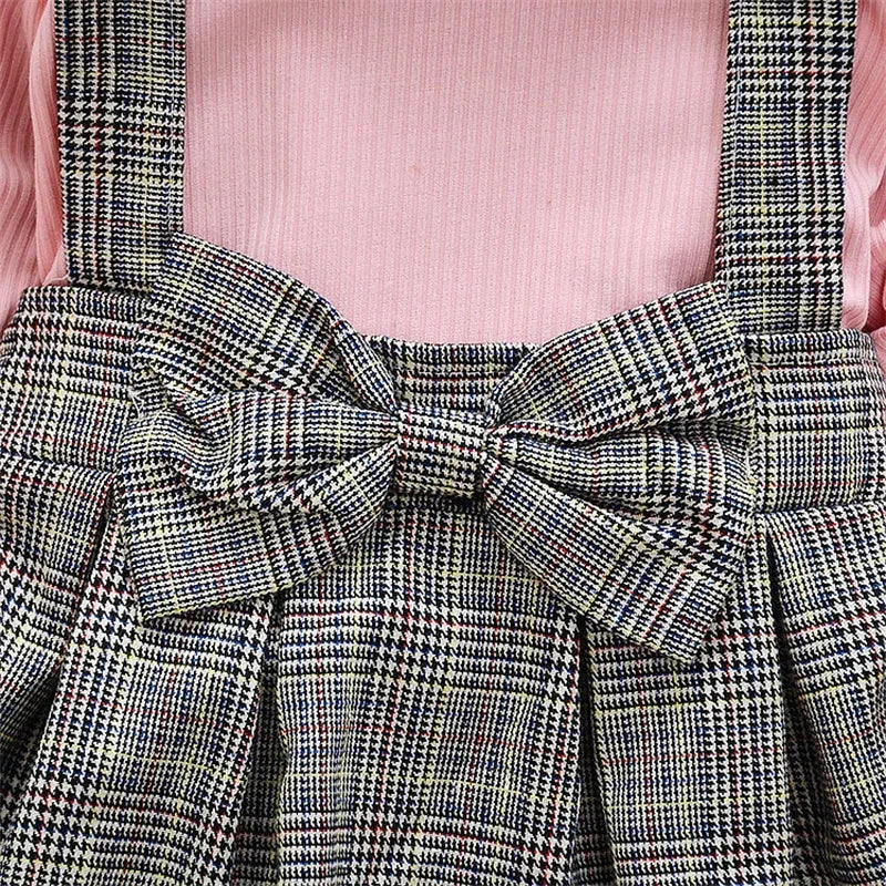 Vestido Infantil de Manga Longa Listrado com Alças e Laço Lenogue
