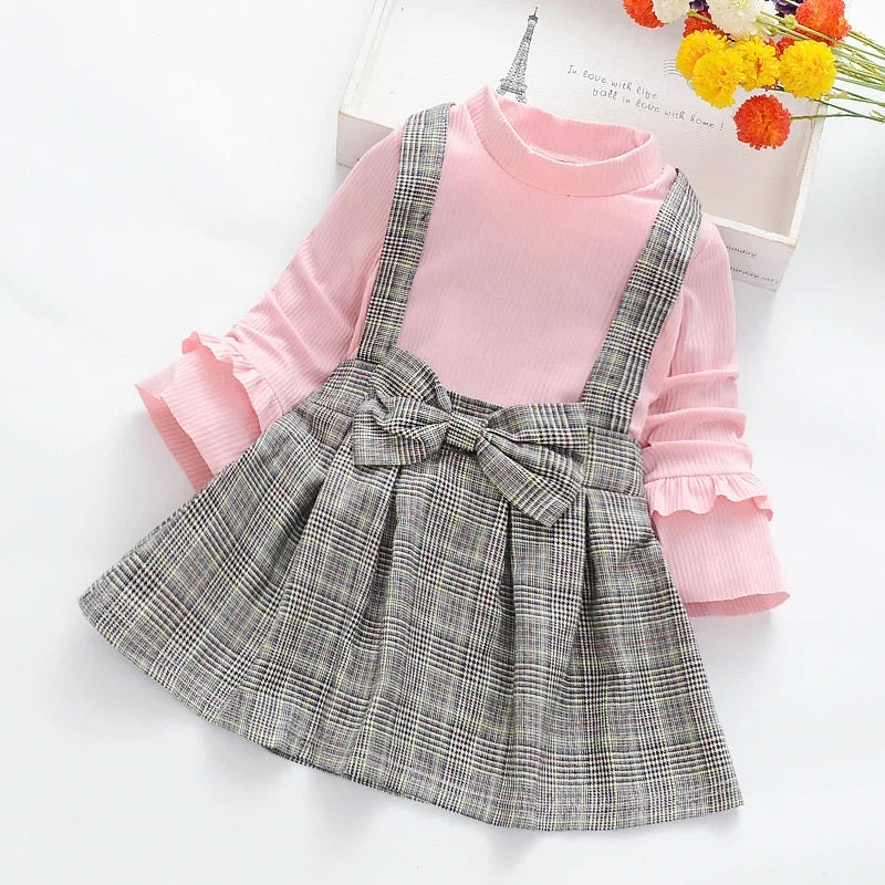 Vestido Infantil de Manga Longa Listrado com Alças e Laço Lenogue