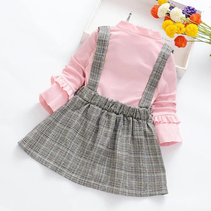 Vestido Infantil de Manga Longa Listrado com Alças e Laço Lenogue