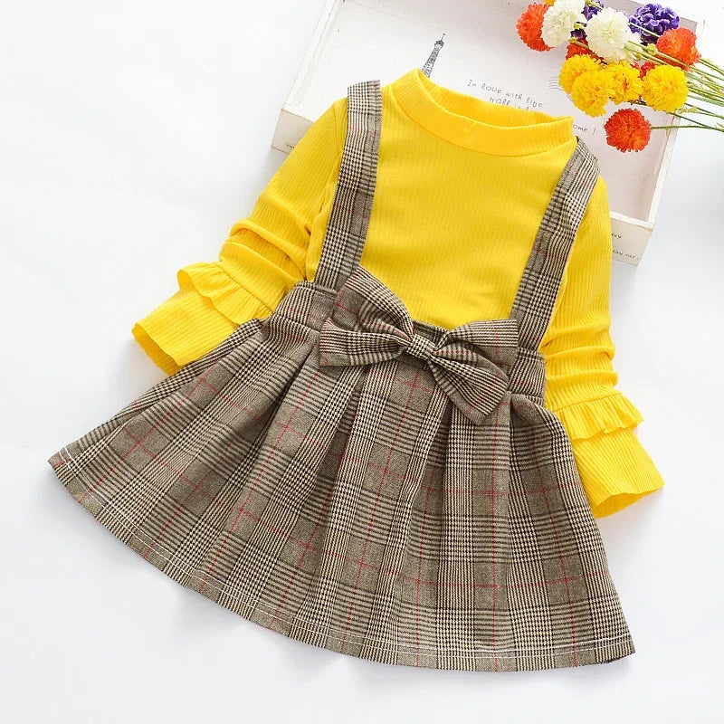 Vestido Infantil de Manga Longa Listrado com Alças e Laço Lenogue Amarelo / 18-24 Meses