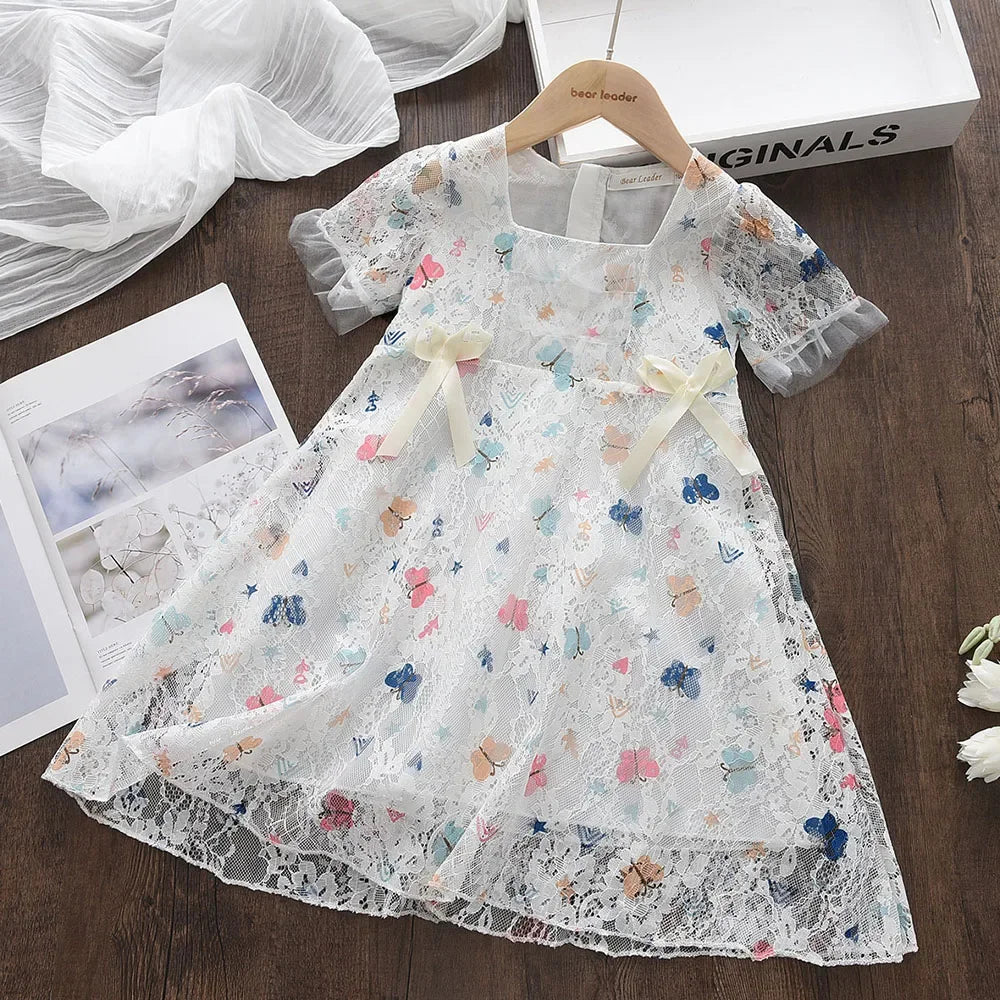 Vestido Infantil de Renda Estampa Borboleta com Laço Lenogue