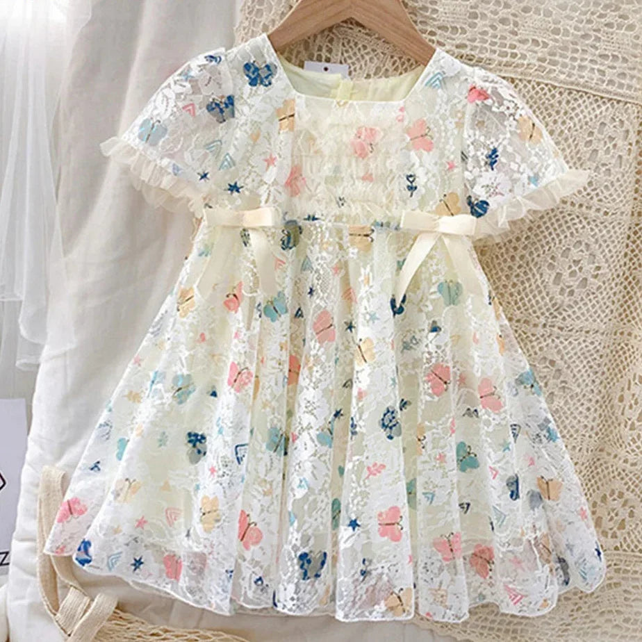 Vestido Infantil de Renda Estampa Borboleta com Laço Lenogue