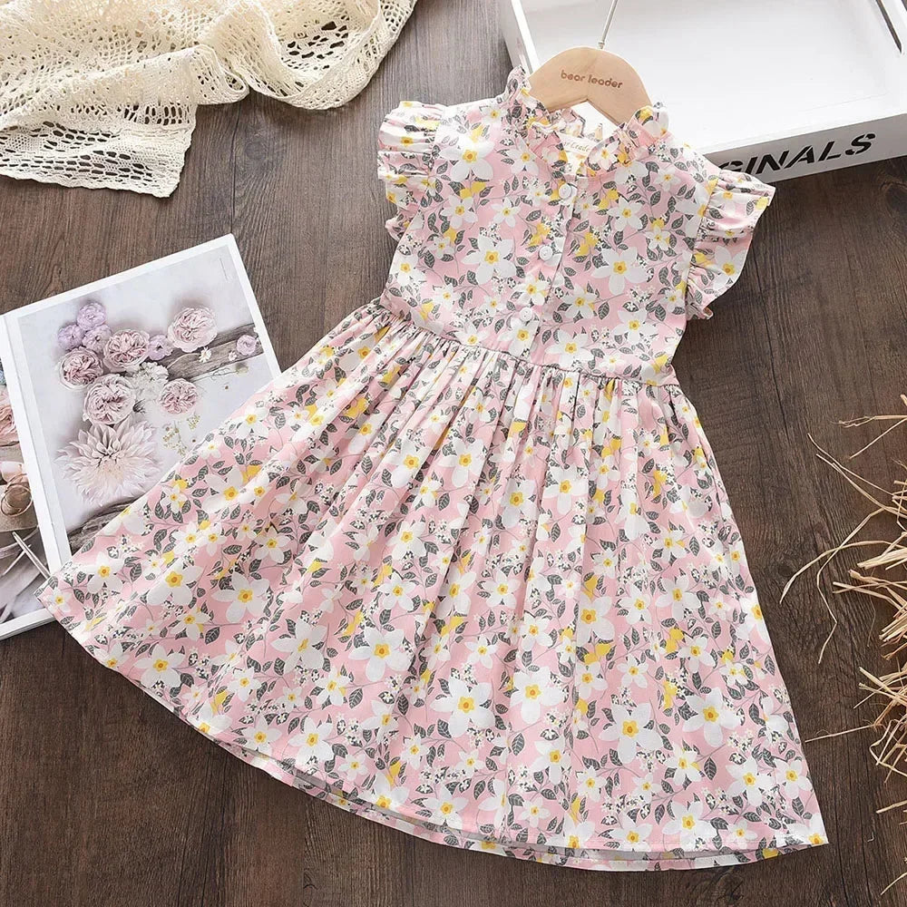Vestido Infantil Estampa Floral Manga Curta Estilo Princesa Lenogue