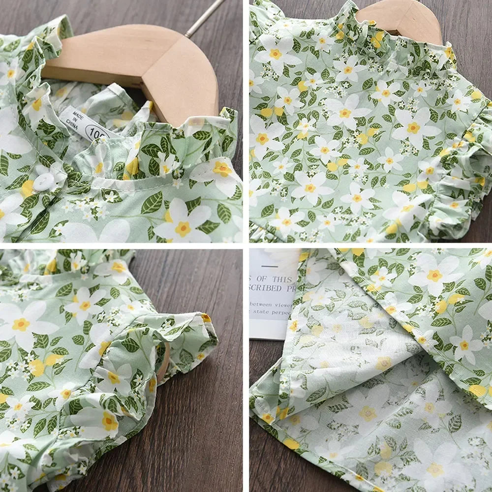 Vestido Infantil Estampa Floral Manga Curta Estilo Princesa Lenogue