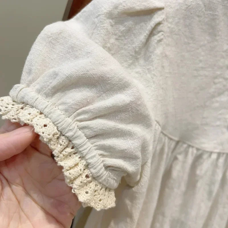 Vestido Infantil Feminino Bordado Abigail Bege Lenogue