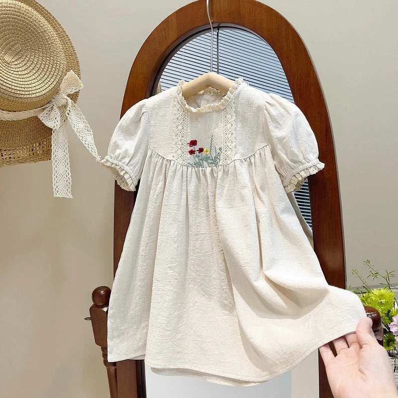 Vestido Infantil Feminino Bordado Abigail Bege Lenogue