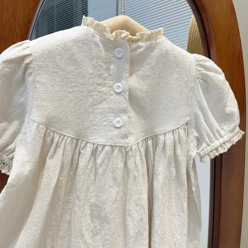 Vestido Infantil Feminino Bordado Abigail Bege Lenogue