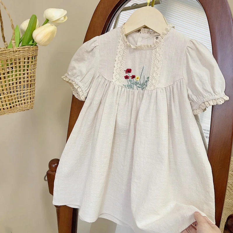 Vestido Infantil Feminino Bordado Abigail Bege Lenogue