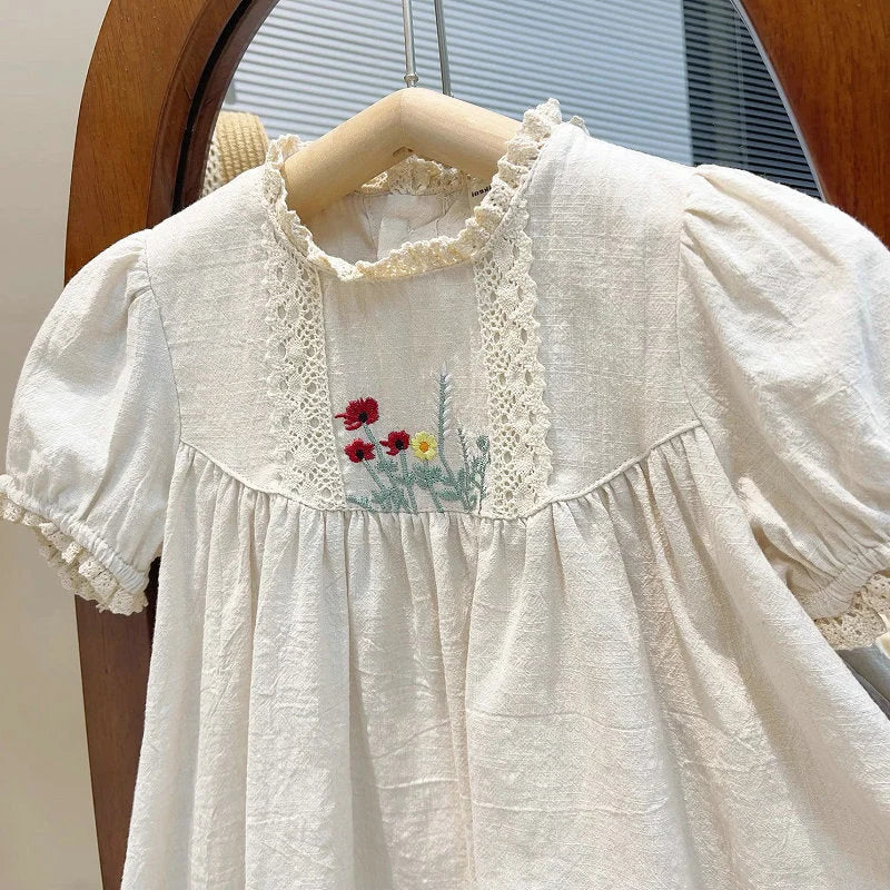 Vestido Infantil Feminino Bordado Abigail Bege Lenogue