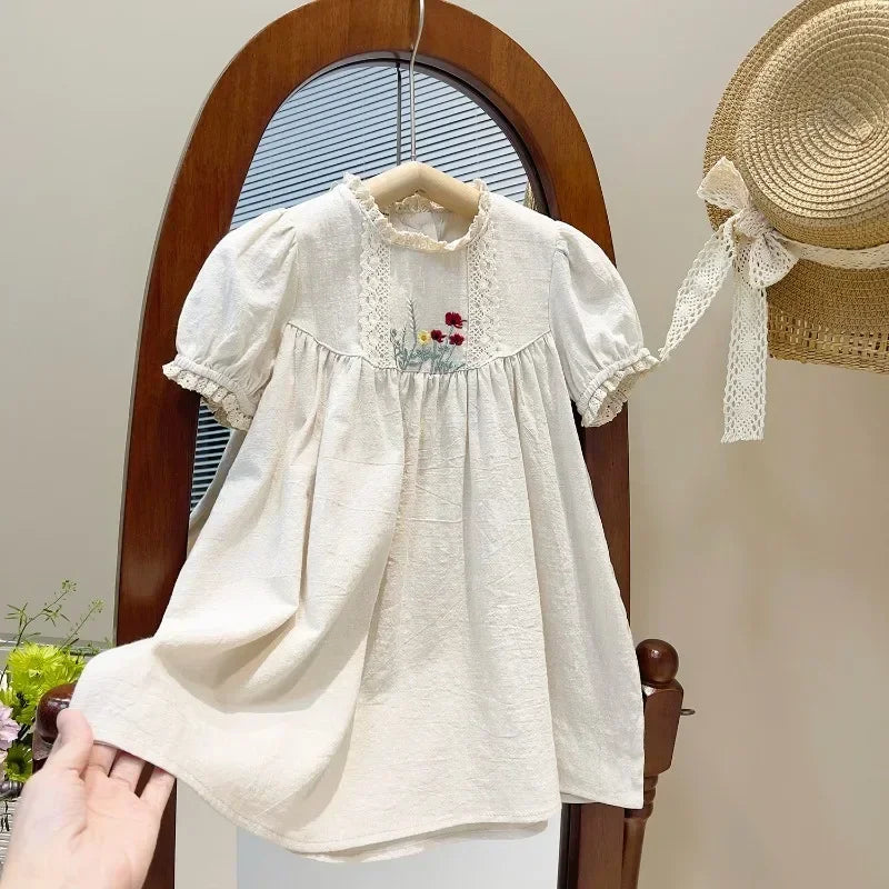 Vestido Infantil Feminino Bordado Abigail Bege Lenogue