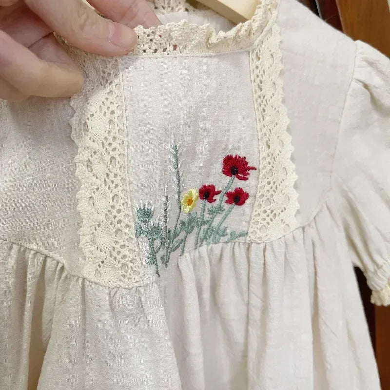 Vestido Infantil Feminino Bordado Abigail Bege Lenogue