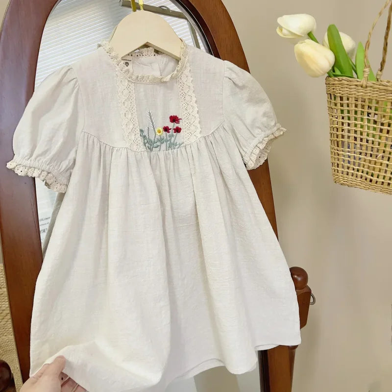 Vestido Infantil Feminino Bordado Abigail Bege Lenogue