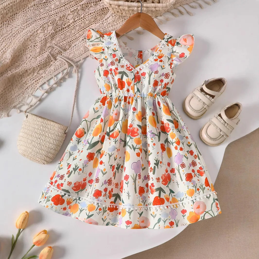 Vestido Infantil Feminino Floral Manga Curta Lenogue